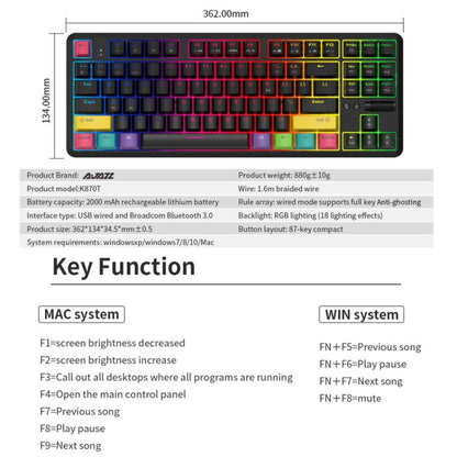 Rynx | Ajazz K870T 87-Key Hot Swap Bluetooth/Wired Dual Mode RGB Backlight Office Gaming Mechanical Keyboard Green Switch (Black)