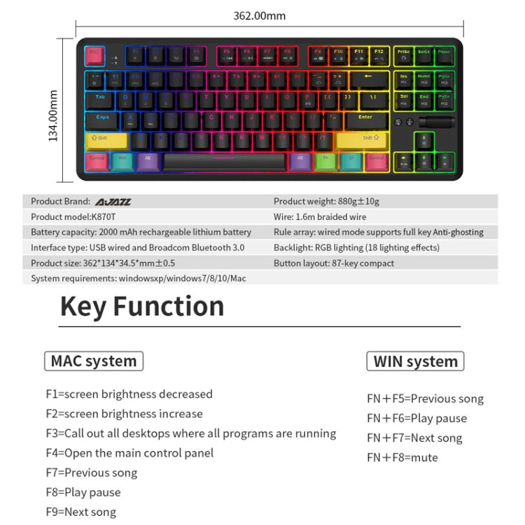 Rynx | Ajazz K870T 87-Key Hot Swap Bluetooth/Wired Dual Mode RGB Backlit Office Gaming Mechanical Keyboard Red Switch (Black)