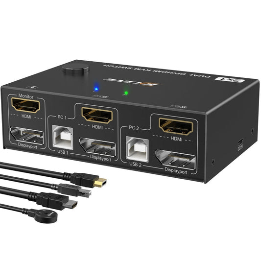Rynx | 202DH DP HDMI Dual Channel KVM Switch Computer Host DP Interface Keyboard Mouse Sharing Display (Black)