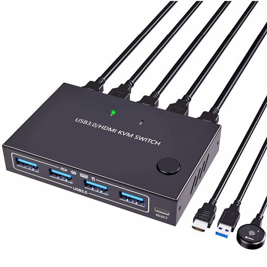 Rynx | KC-KVM201A 2 In 1 Out 4K 60HZ HDMI KVM Switching USB3.0 Split Computer Form Printer U Disk(Black)