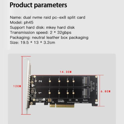 Rynx | PCI-E X8 Double Disk Transfer Card NVME M.2 MKEY SSD RAID Array Expansion Adapter(PH45)