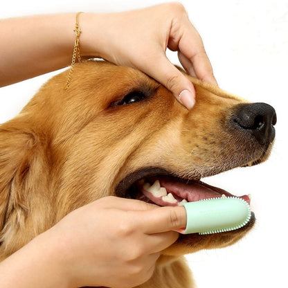 Pet Finger Toothbrush with Handle Dogs and Cats Oral Cleaning Tools (Yellow)