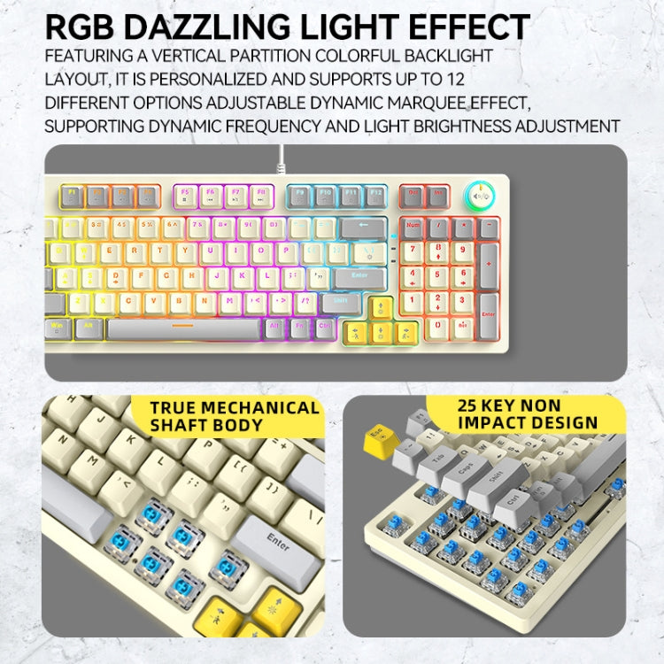 Rynx | T-WOLF T50 97-Key RGB Illuminating Color Change Gaming Mechanical Keyboard with Key, Color: White B