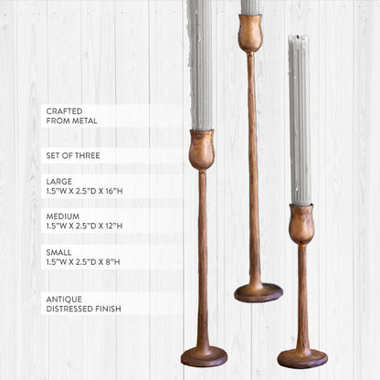 Rynx | Antique Brass Metal Pillar Candle Holders, Set of 3