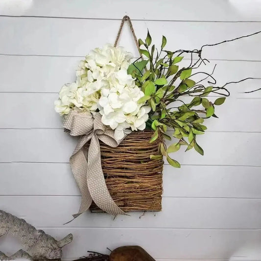 Rynx | Door hanger with cream hydrangeas – rattan basket wreath with artificial flowers