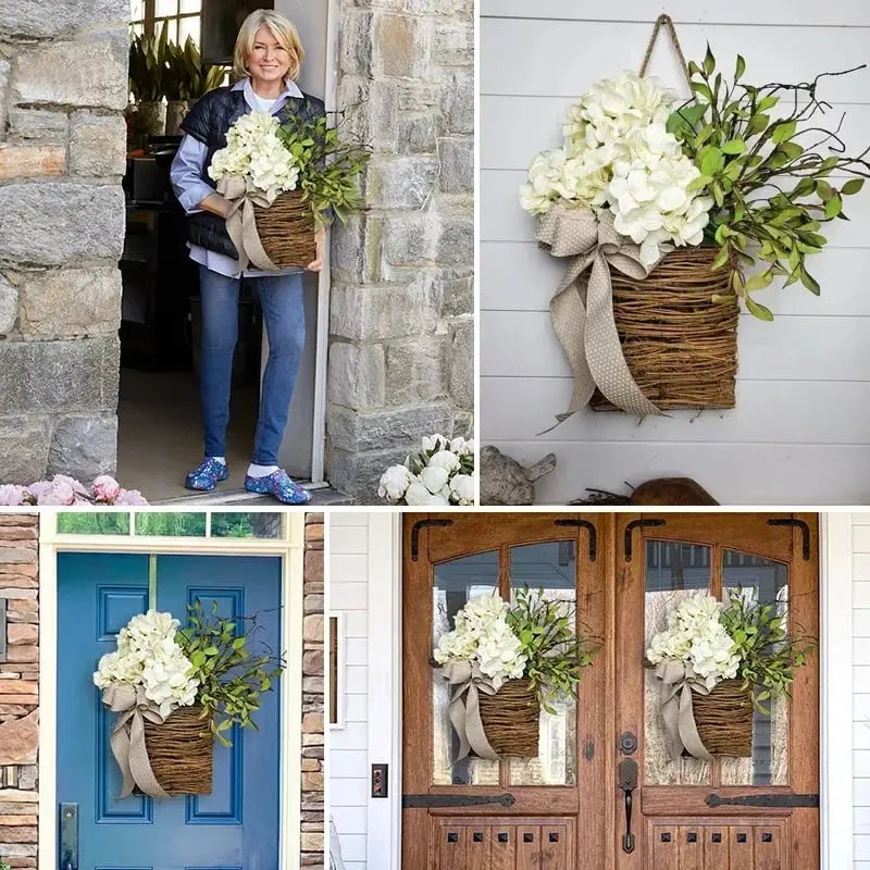 Rynx | Door hanger with cream hydrangeas – rattan basket wreath with artificial flowers