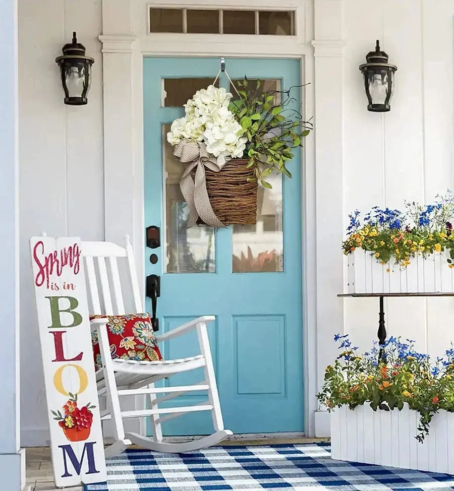 Rynx | Door hanger with cream hydrangeas – rattan basket wreath with artificial flowers