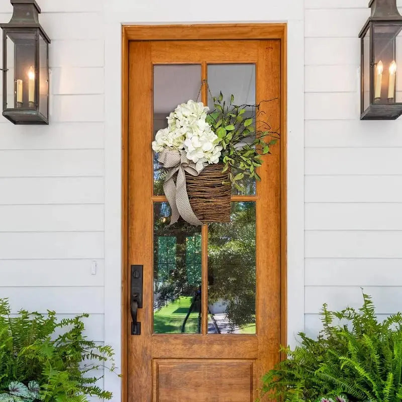 Rynx | Door hanger with cream hydrangeas – rattan basket wreath with artificial flowers