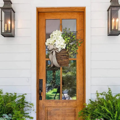 Rynx | Door hanger with cream hydrangeas – rattan basket wreath with artificial flowers
