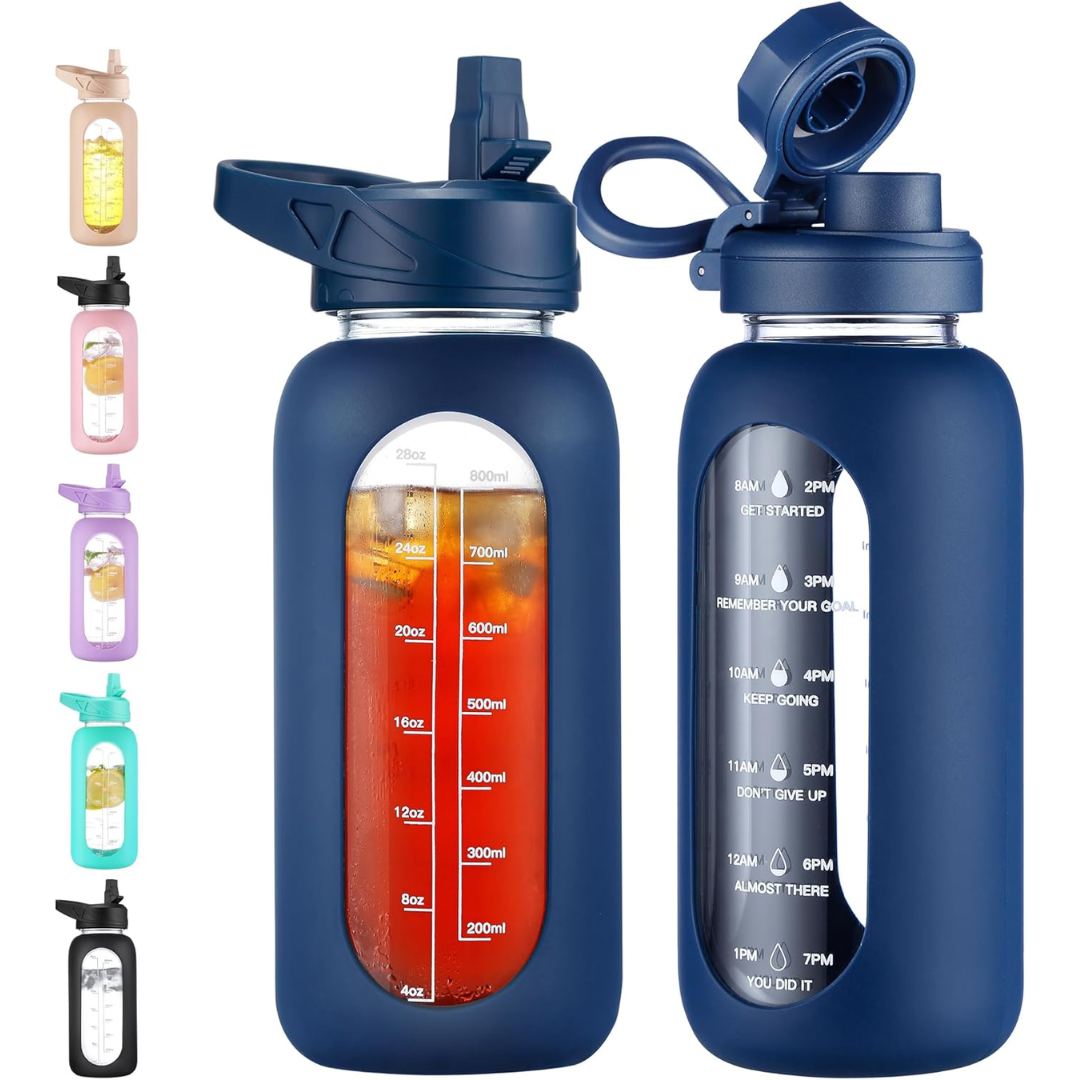 RYNX | Motivational Glass Water Bottle 900ml with Straw