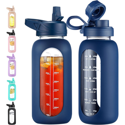 RYNX | Motivational Glass Water Bottle 900ml with Straw
