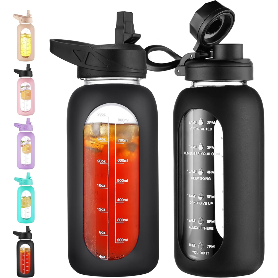 RYNX | Motivational Glass Water Bottle 900ml with Straw