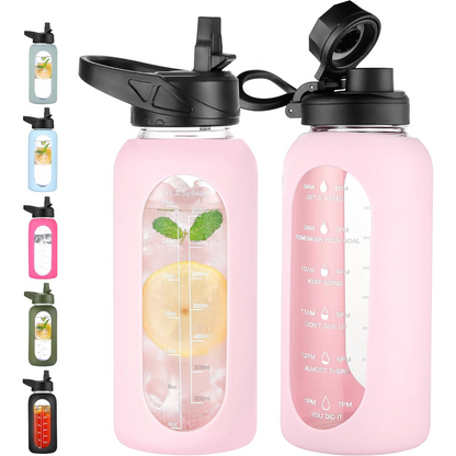 RYNX | Motivational Glass Water Bottle 900ml with Straw