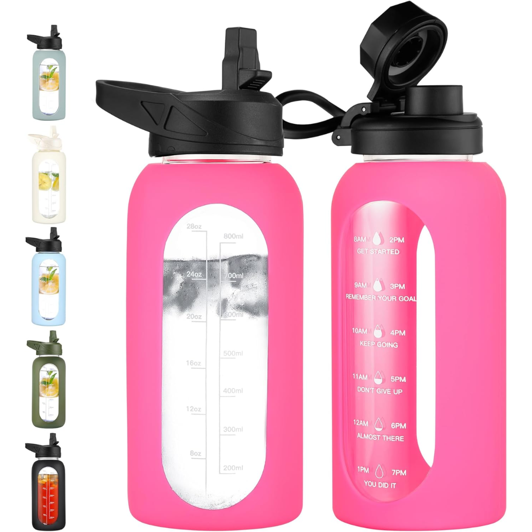 RYNX | Motivational Glass Water Bottle 900ml with Straw