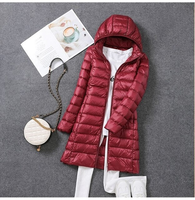 RYNX | Ultralight, Packable, Long Puffer Coat Wine red