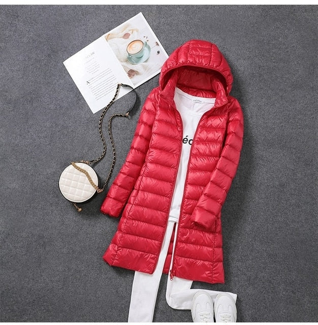 RYNX | Ultralight, Packable, Long Puffer Coat Red