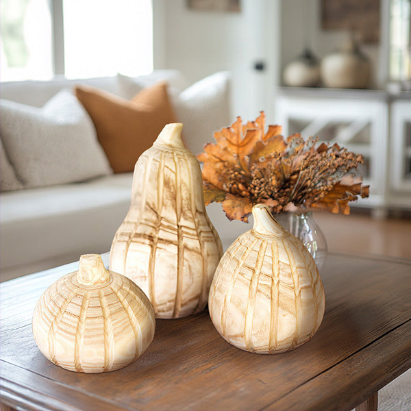 Rynx | Natural carved wooden pumpkins, set of three