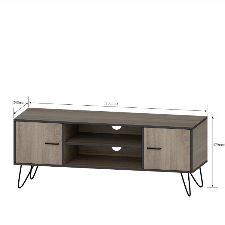 RYNX | TV Cabinet Stand Entertainment Unit Storage Shelf Metal 110cm Wooden Oak
