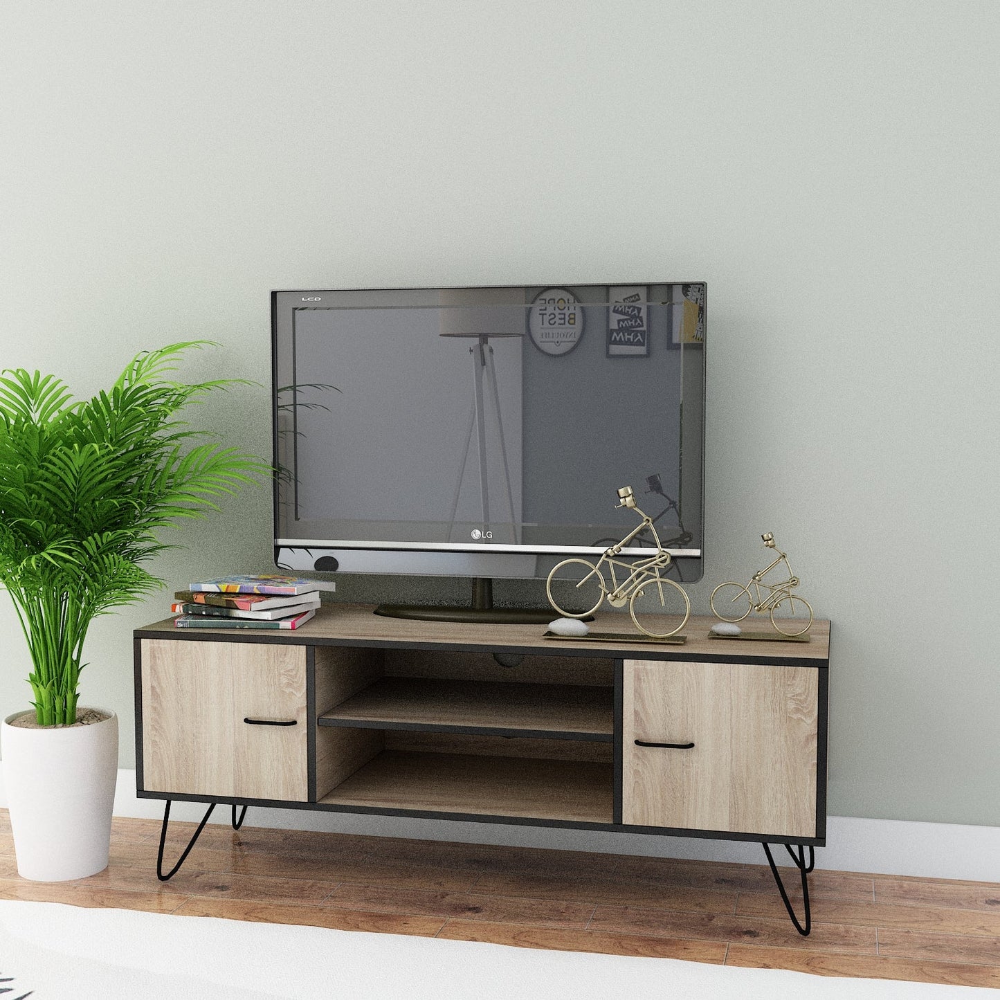 RYNX | TV Cabinet Stand Entertainment Unit Storage Shelf Metal 110cm Wooden Oak