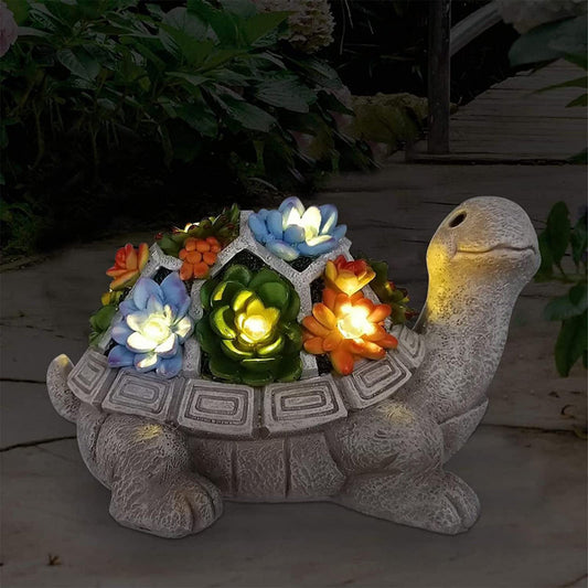 Rynx | Sunny garden statue with succulent plants and LED lights, outdoor garden decor