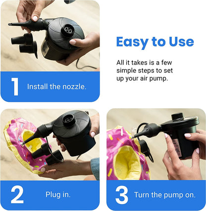 Rynx | Electric Air Pump Air Mattress Portable Pump for Inflatable Furniture, Pool Rafts, Inflatable Pool Float Bed Boat Toy, Quick Fill AC Inflator Deflator with 3 Nozzles, 110-120 Volts, Black