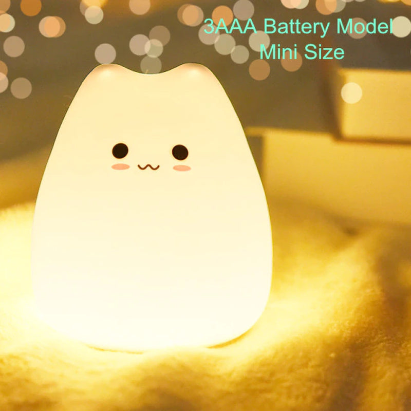 Rynx | Mini Kawaii Popular Cat Baby Night Light 7-Colors Pat Touch Color Changing Eye Protection Bedroom Nightstand Lamp Gift Kids