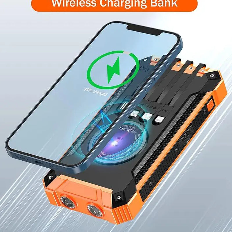 Rynx | ChargePro Solar Powerbank | Wireless Charger | 15W Fast Charging Function | 6 Outputs | Integrated Cables | Portable & Waterproof