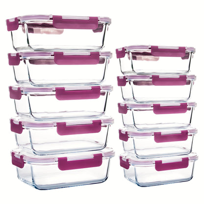 Rynx | 10-Pack Glass Meal Prep Containers Set with Airtight Lids – Durable Food Storage & Glass Lunch Boxes for Home, Kitchen, Office Dark Purple