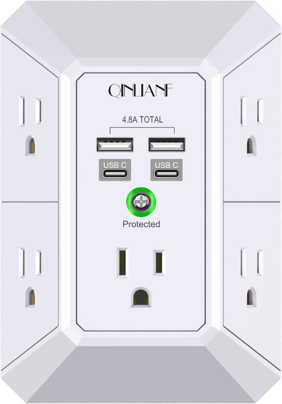 Rynx | Wall Charger Surge Protector, 5-outlet extension with 4 USB ports (4.8A), 1680J power outlet