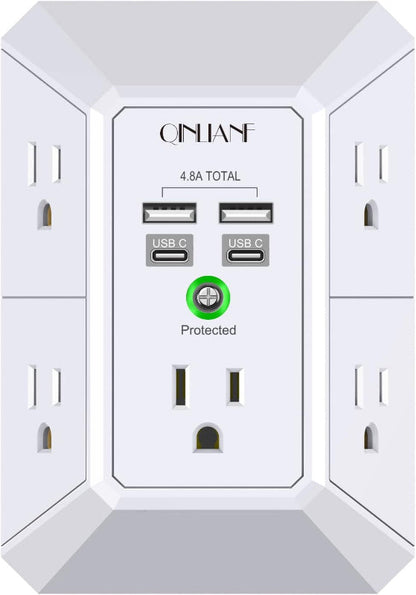 Rynx | Wall Charger Surge Protector, 5-outlet extension with 4 USB ports (4.8A), 1680J power outlet