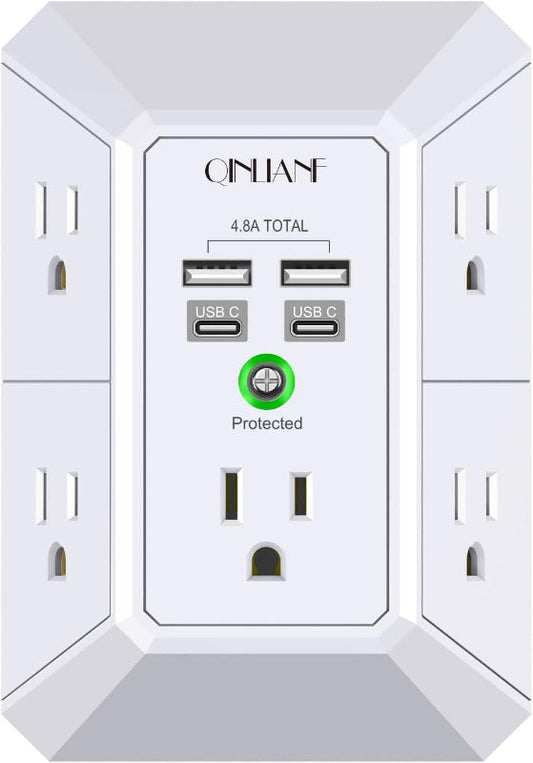 Rynx | Wall Charger Surge Protector, 5-outlet extension with 4 USB ports (4.8A), 1680J power outlet