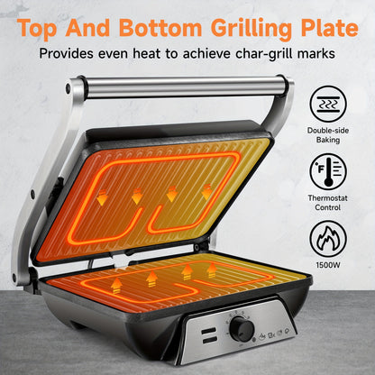 Rynx | 180-Degree 3-in-1 Electric Indoor Grill and Panini Press - Non-Stick Cooking Plates, Floating Hinge, Grease Tray