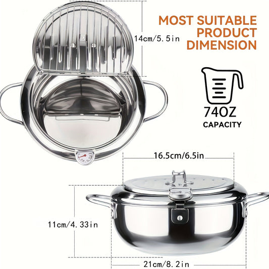 Rynx | 304 Stainless Steel Tempura Fryer Pot – 2.2L, Non-Stick, with Thermometer & Lid for Chicken & Tempura