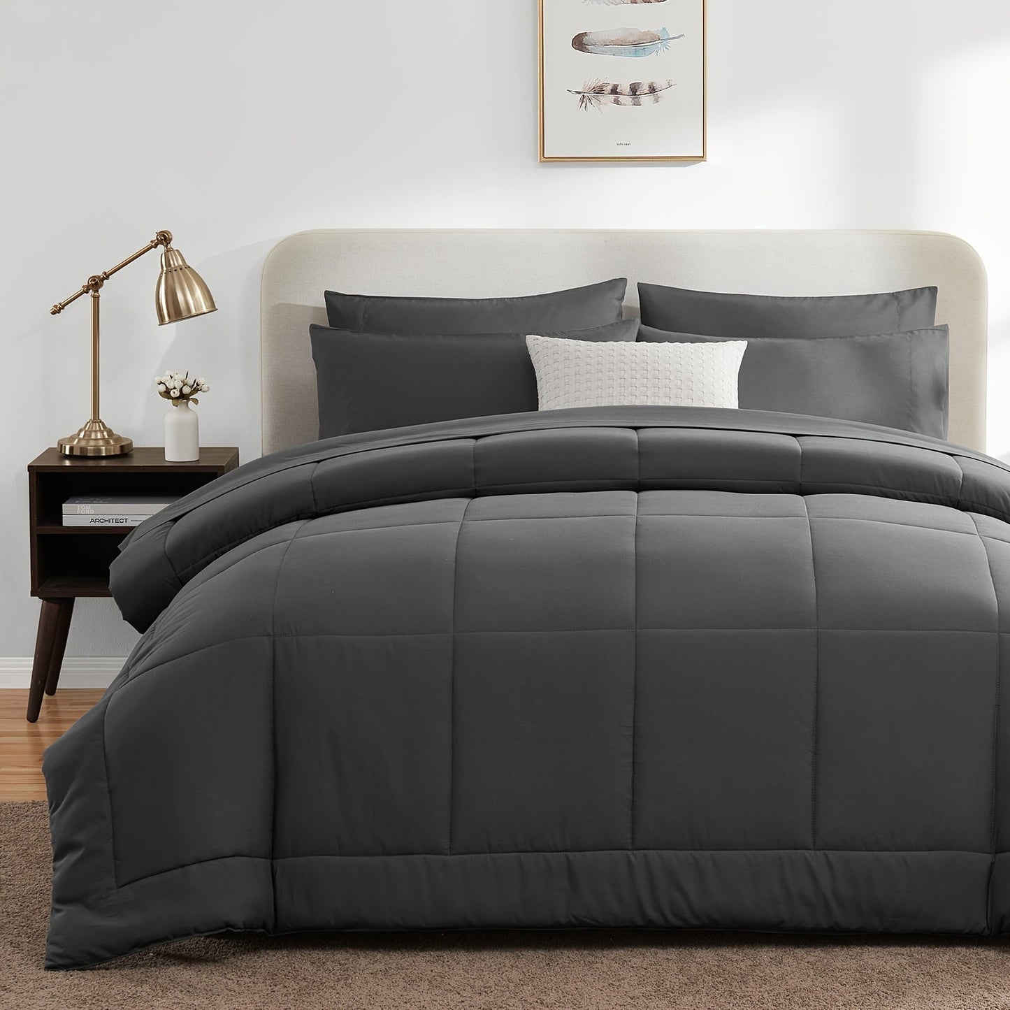 Rynx | 7 Pcs Bed In A Bag - Bedding Set with All Season Quilted Comforter, Flat Sheet, Fitted Sheet, Pillowcases - Black, Queen