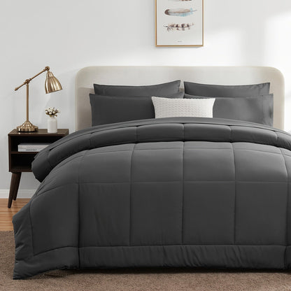 Rynx | 7 Pcs Bed In A Bag - Bedding Set with All Season Quilted Comforter, Flat Sheet, Fitted Sheet, Pillowcases - Black, Queen