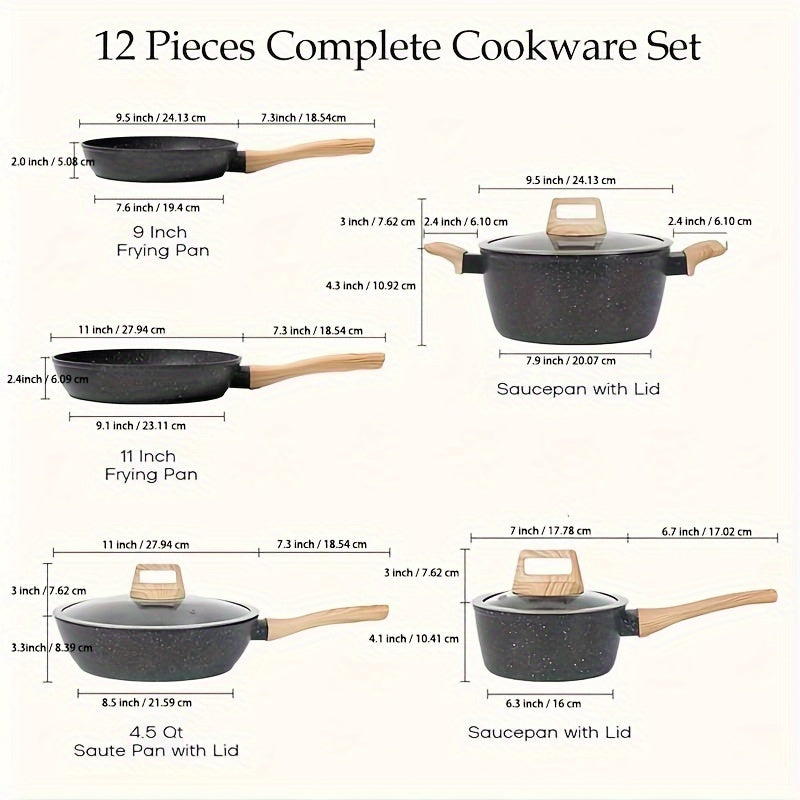 Rynx | 12-Piece Non-Stick Cookware Set – Induction-Ready Granite Pots & Pans, Includes Frying Pan, Steamer, Silicone Spatula, and Tongs, White
