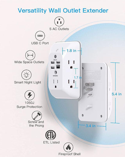 Rynx | Outlet Extender with Night Light, Multi Plug Outlet, USB Wall Charger Surge Protector