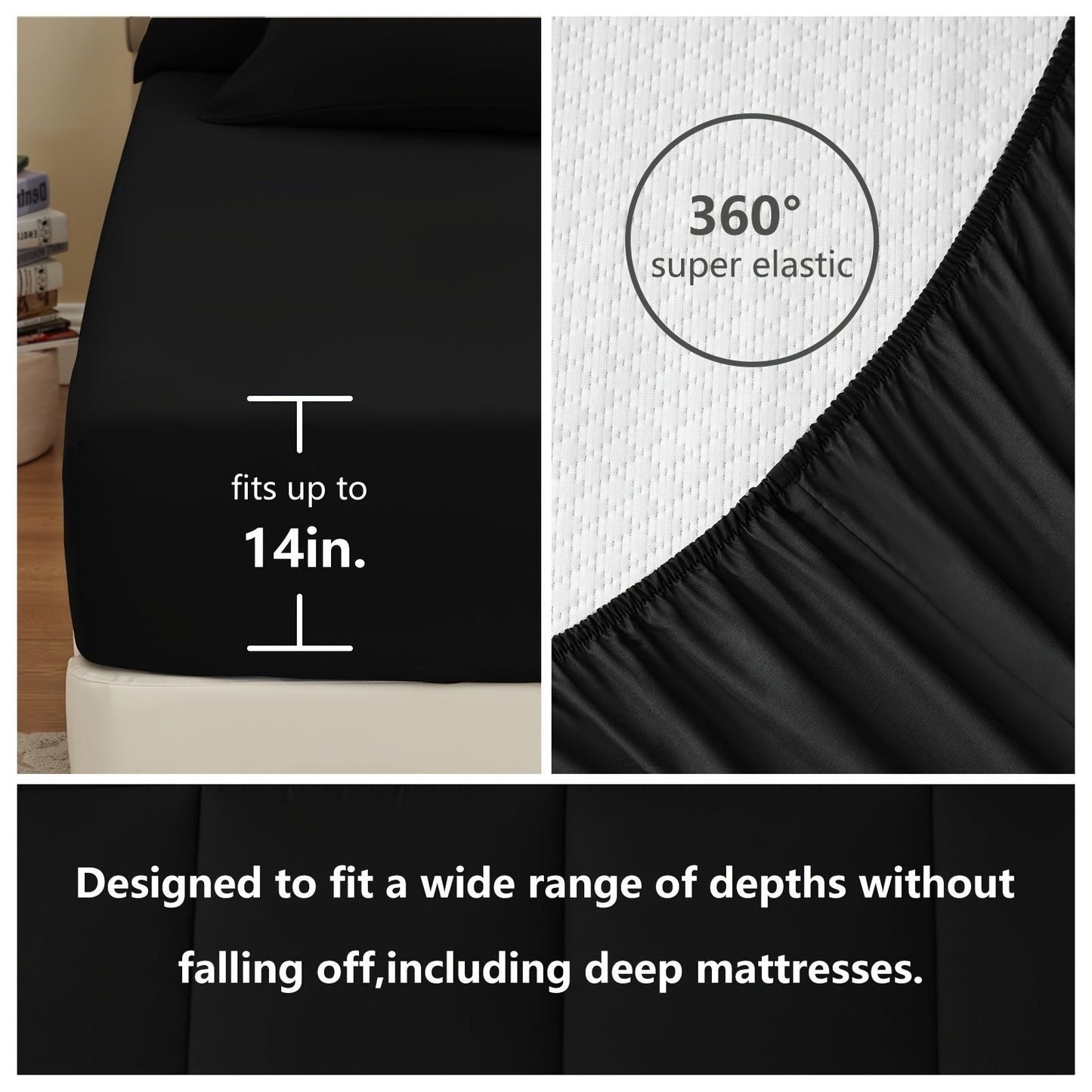 Rynx | 7 Pcs Bed In A Bag - Bedding Set with All Season Quilted Comforter, Flat Sheet, Fitted Sheet, Pillowcases - Black, Queen
