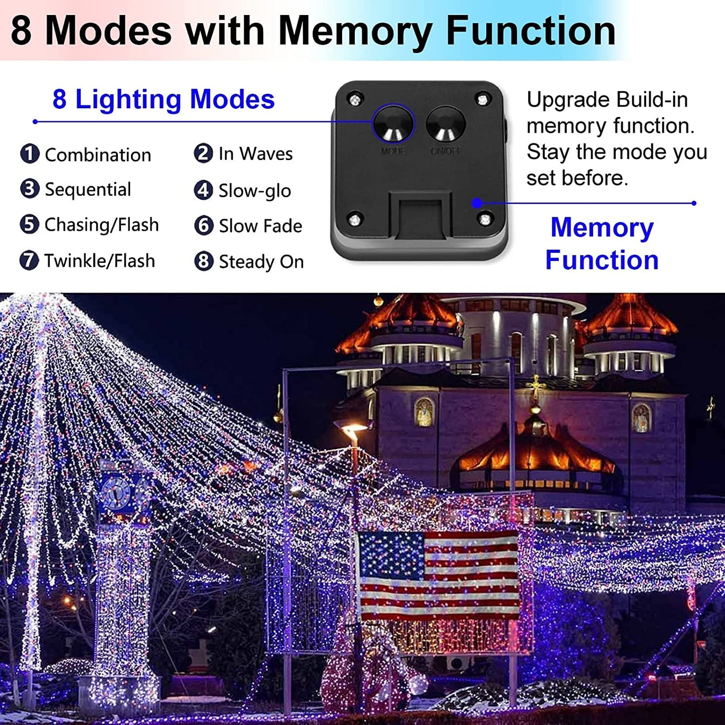 Rynx | July 4 patriotic home decorations outdoor lights - Red White Blue solar string lights, 2-pack each 100 LED 33 feet
