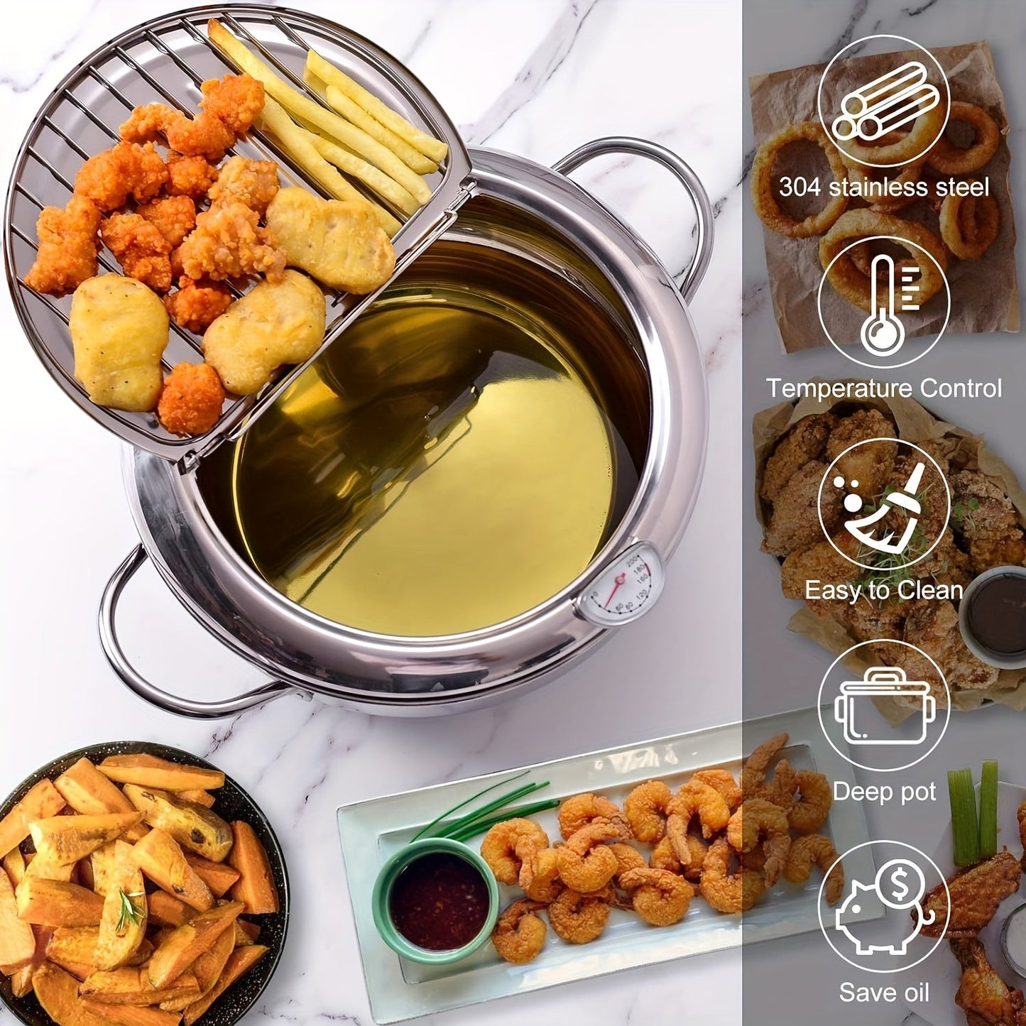 Rynx | 304 Stainless Steel Tempura Fryer Pot – 2.2L, Non-Stick, with Thermometer & Lid for Chicken & Tempura