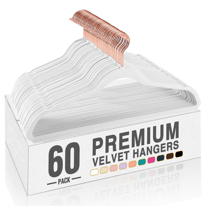Rynx | 20/30/60 Pack Velvet Hangers - Premium Non-Slip Felt Hangers with Sturdy Black/White Finish - Heavy Duty Coat and Suit Hangers with Space-Saving 360° Rotating Rose Gold/Galvanized Metal Hook