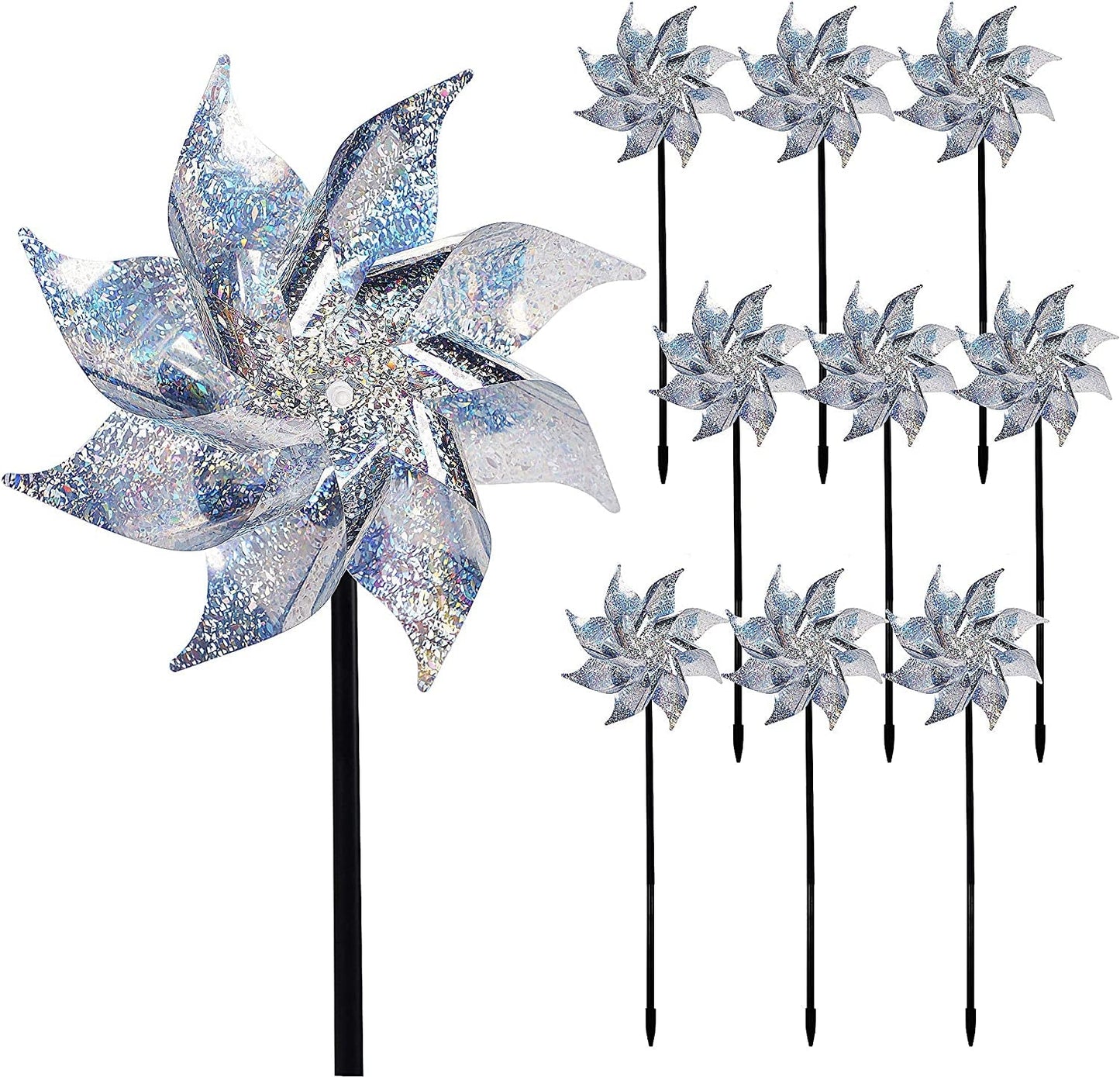 Rynx | 10 Pack Reflective Windmills Patriotic Decorations, American Flag on Stick Wind Spinner with Support for Independence Day, Memorial Day July 4th Party Supplies, Scare Birds Repellent Devices