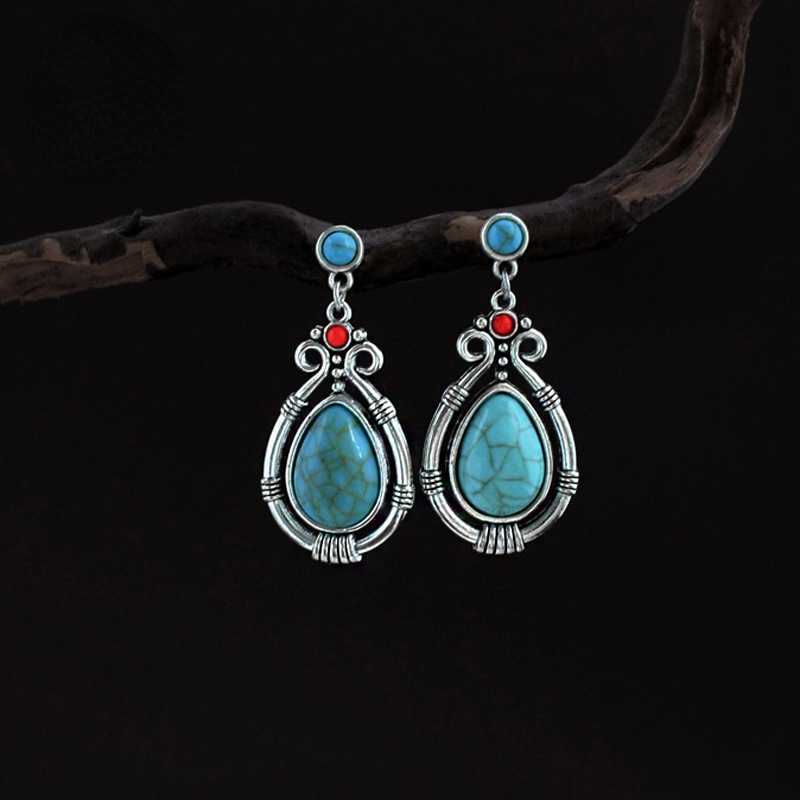 Rynx | Tibetan Silver Art Retro Ethnic Style Turquoise Waterdrop Carved Earrings