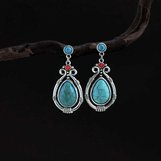 Rynx | Tibetan Silver Art Retro Ethnic Style Turquoise Waterdrop Carved Earrings