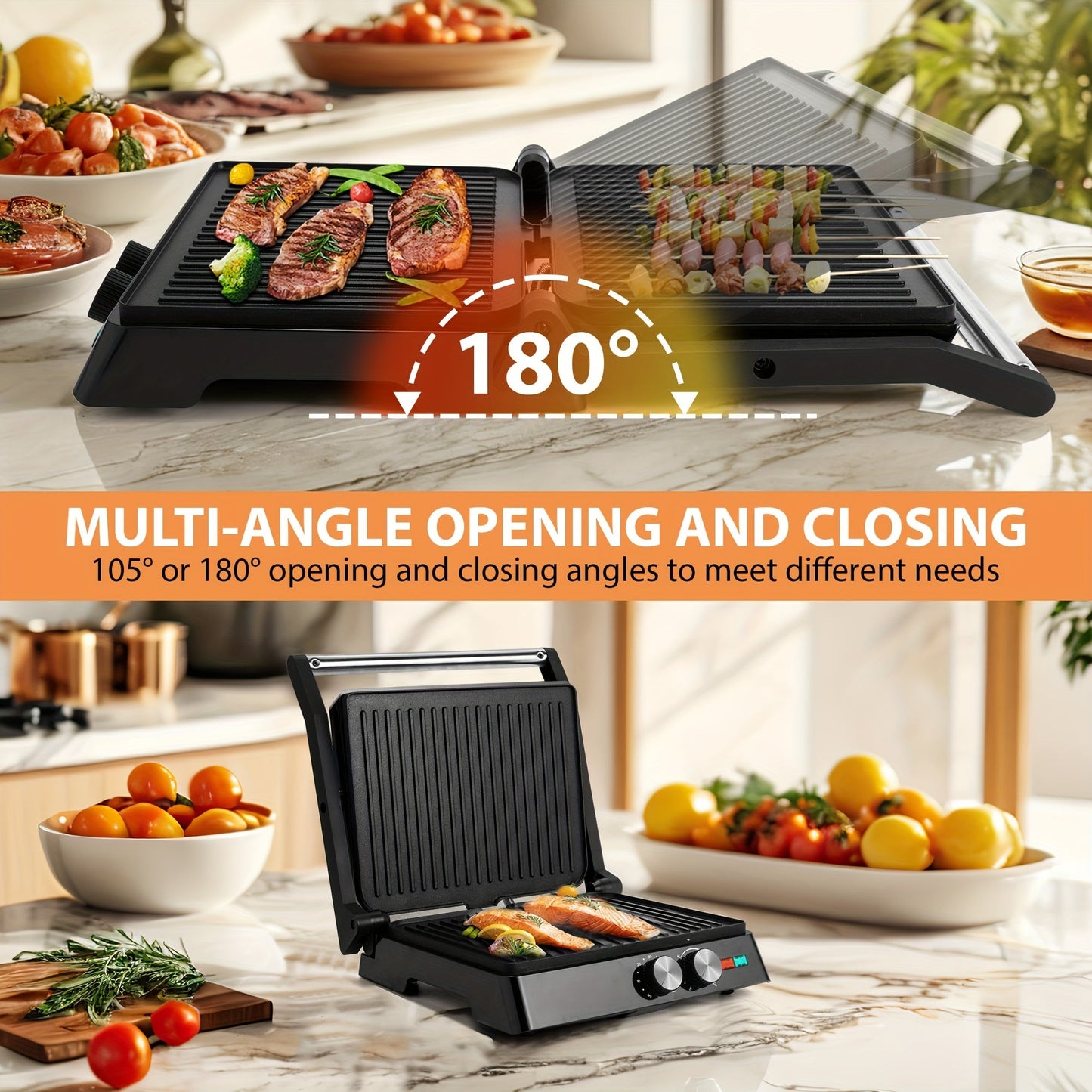 Rynx | 180-Degree 3-in-1 Electric Indoor Grill and Panini Press - Non-Stick Cooking Plates, Floating Hinge, Grease Tray
