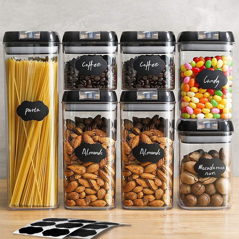 Rynx | 7 pieces airtight food storage containers set Kitchen organization Grain containers Storage with 8 labels and chalk marks BPA-free Clear plastic Kitchen and pantry organizing containers