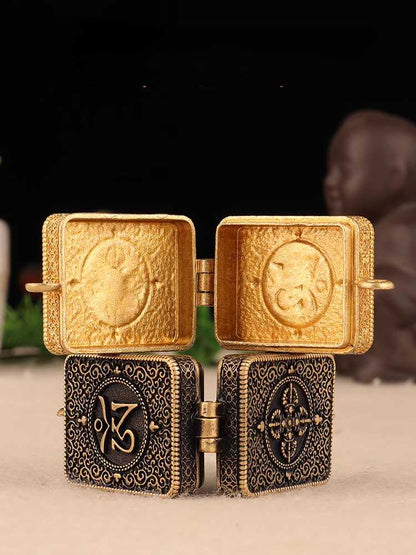 Rynx | Tibetan style All brass Mandala patterned Gawu box with six character genuine word pendants, ethnic style talisman