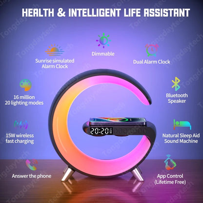 Rynx | Multifunctional wireless charger alarm clock speaker APP control RGB night light charging station for iPhone 11 12 13 14 Samsung