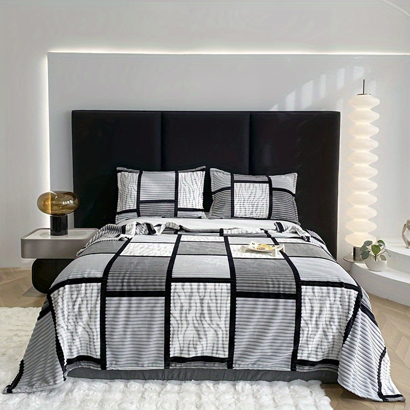 Rynx | Ultra soft plush blanket with square stripe print - Perfect for living room, bed, office, and camping decor - Machine washable, comfort for all seasons
