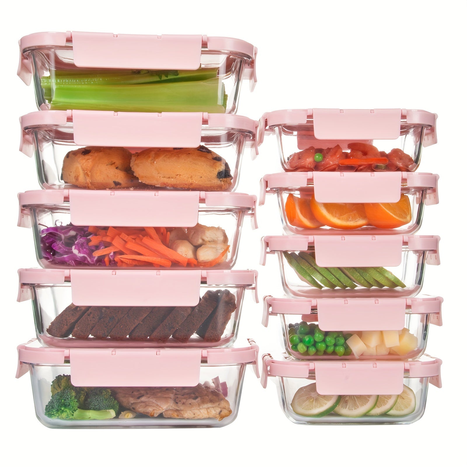 Rynx | 10-Pack Glass Meal Prep Containers Set with Airtight Lids – Durable Food Storage & Glass Lunch Boxes for Home, Kitchen, Office Pink-B